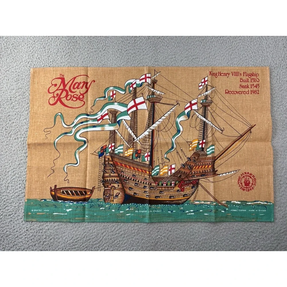 Vintage Ulster Mary Rose Ship Tea Towel Linen Blend Crisp MCM NWOT